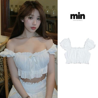  |Min clothing| Áo trễ vai nơ dáng croptop nhún bèo dễ thương 