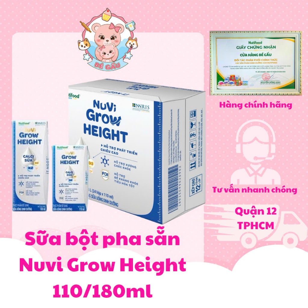Thùng 24 hộp Sữa bột pha sẵn Nuvi Grow Height CALCI+D3, K2 hộp 110ml