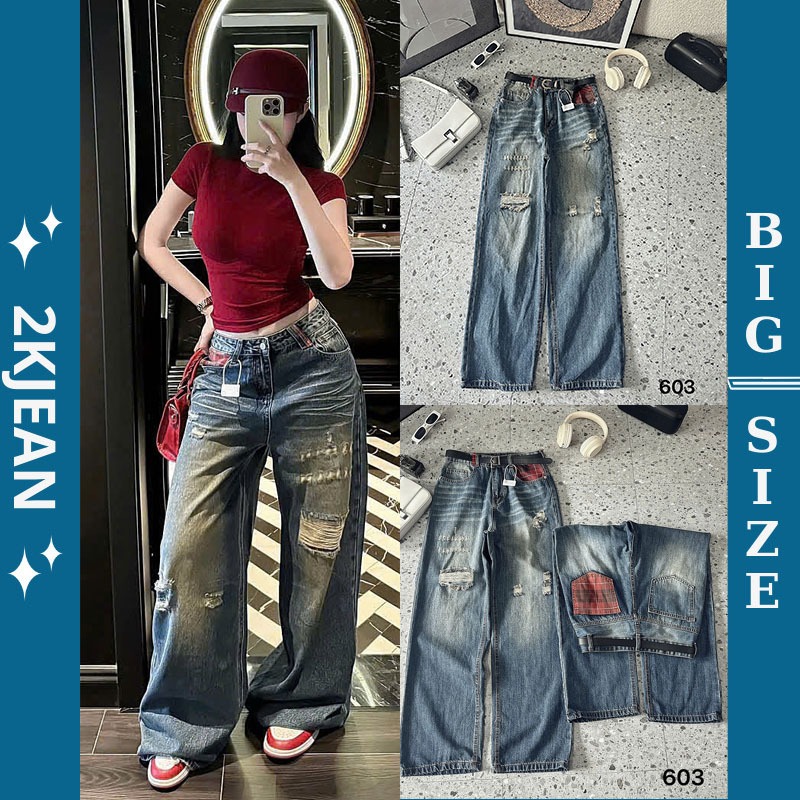 Quần suông ống rộng jean nữ rách cạp cao Bigsize 55-90kg, kiểu dáng ống rộng túi phối sọc hàng QC ca