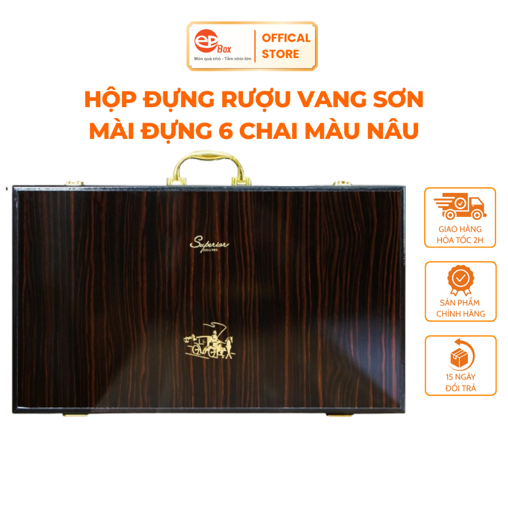 Hộp Đựng Rượu Vang Sơn Mài 6 Chai Epvina Box In Chữ Superior Phủ Sơn PU Cao Cấp HO15-257-I01