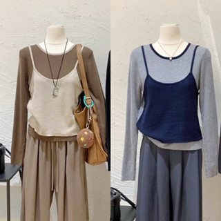  SẴN XANH  BIGSIZE L-4XL  Áo Bigsize Nữ Dài Tay Nâu Xanh Ôm Cổ Tròn Phối Áo Hai Dây Ngoài Thu Đông 2025 