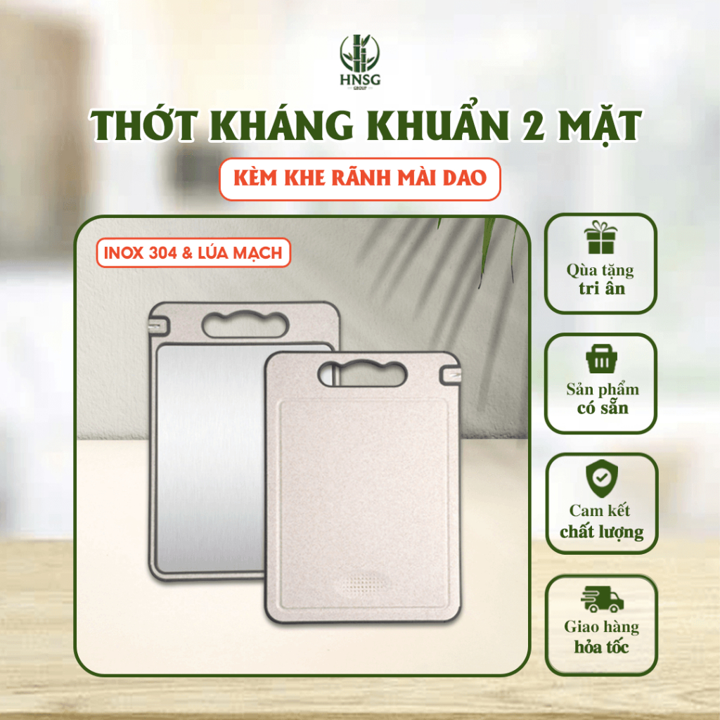 Thớt 2 Mặt Inox 304 & Lúa Mạch Kháng Khuẩn 36.5×25cm, Tích Hợp Mài Dao, Chống Trượt, Dễ Vệ Sinh