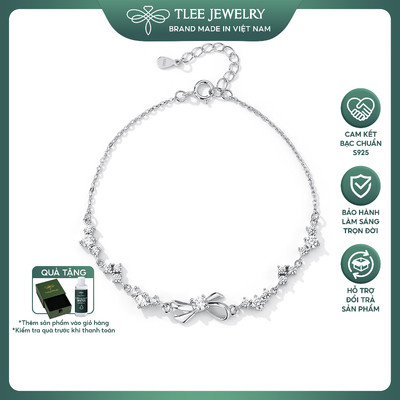 Lắc tay bạc nữ TLEE dây dải đá tim kết nối mặt nơ trơn điểm đá sáng nữ tính TLEEJEWELRY LT0216