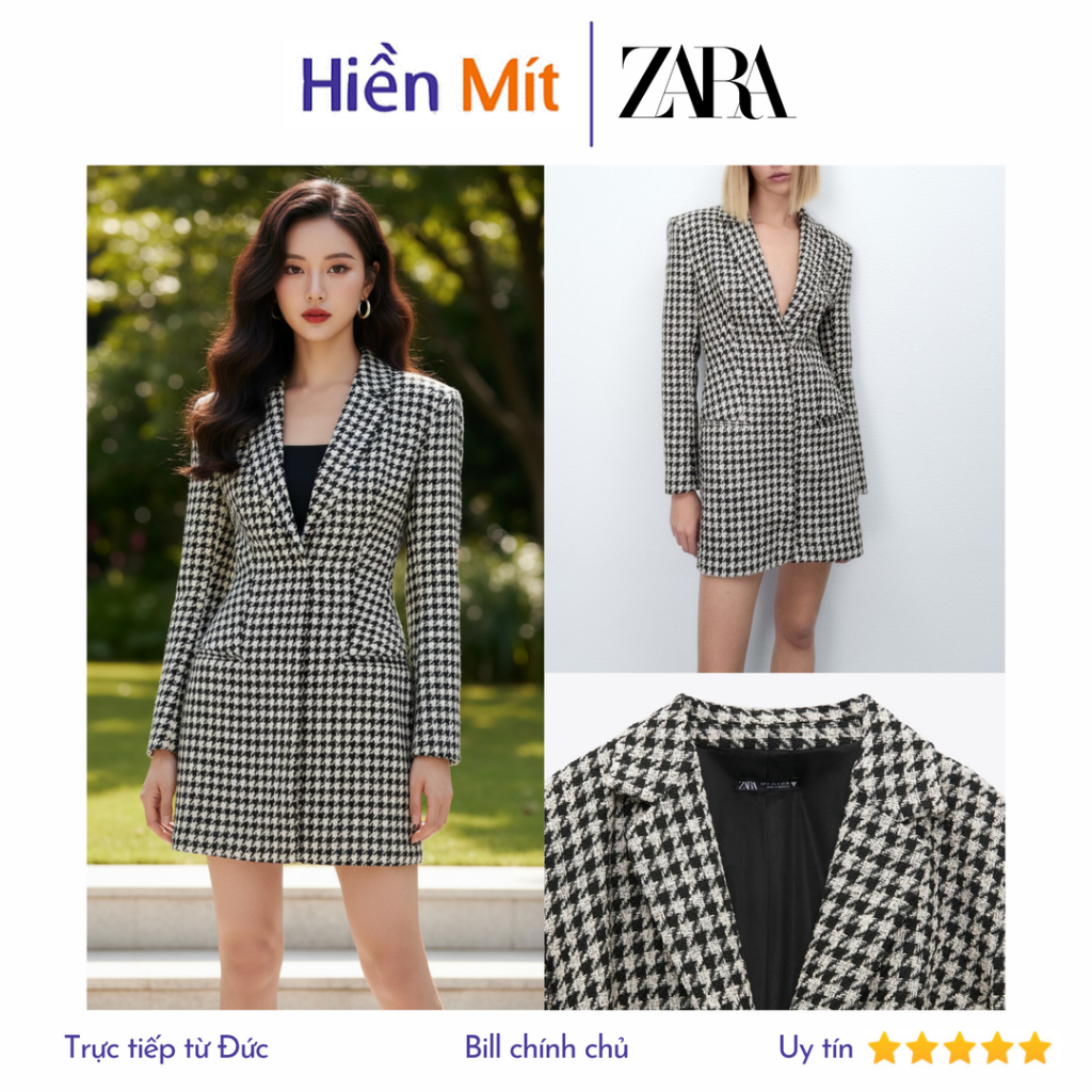 Size S ZARA Đức - Đầm chính hãng auth new tag cao cấp có sẵn sale 2144/354 tweed dạ nỉ caro đen trắn
