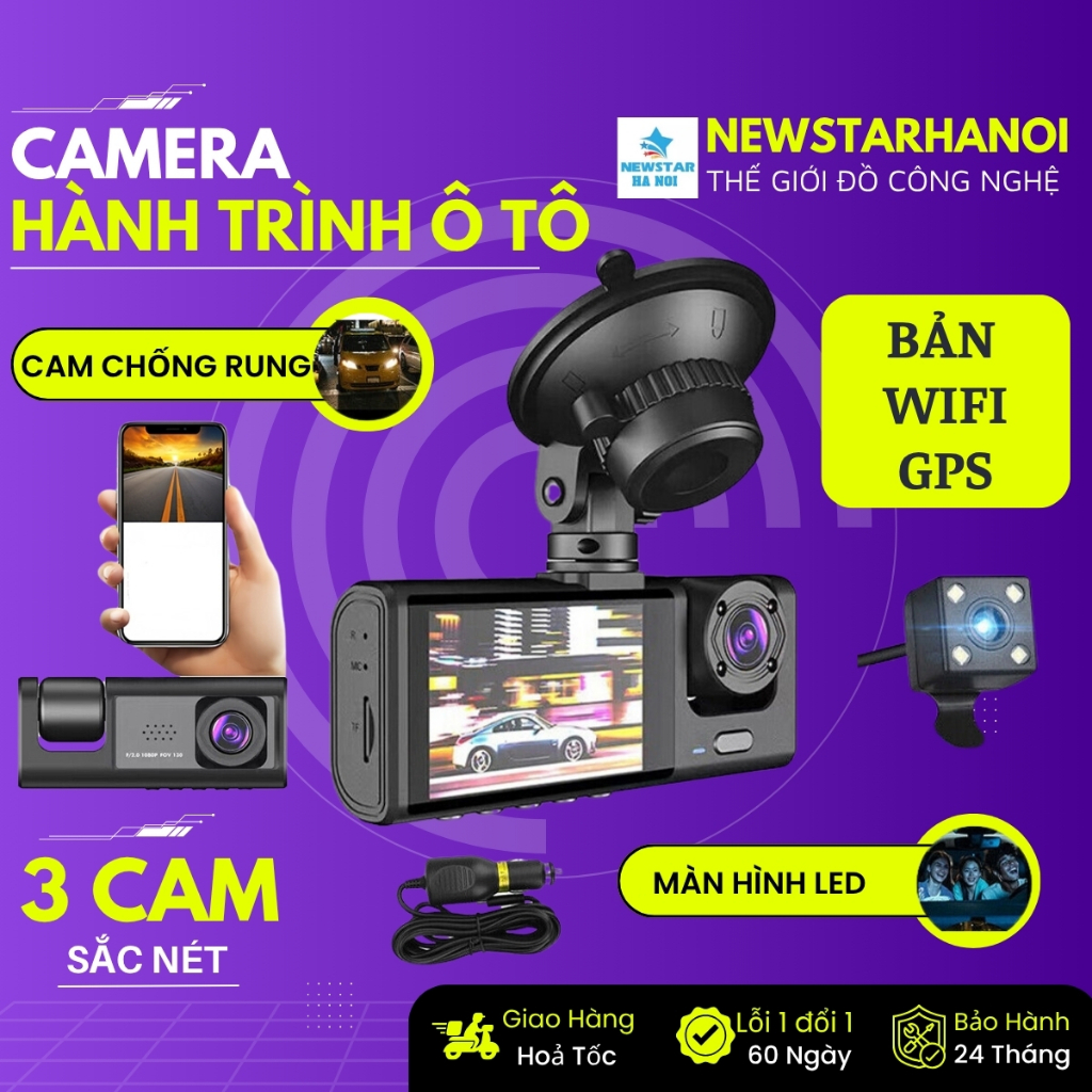 Camera hành trình ô tô đầy đủ GPS và Wifi xem trực tiếp, Camera ô tô với 3 camera ghi lại mọi góc