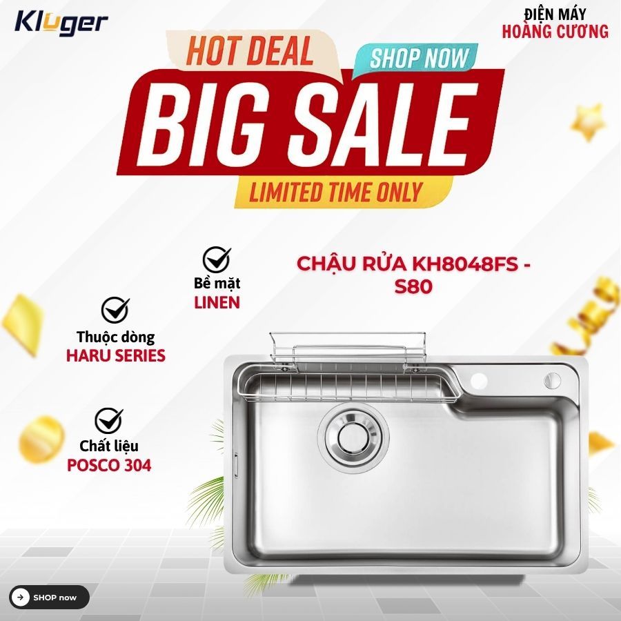 Chậu rửa chén Kluger KH8048FS - S80 - Inox 304 Bóng Mịn, Kèm Vòi Rửa