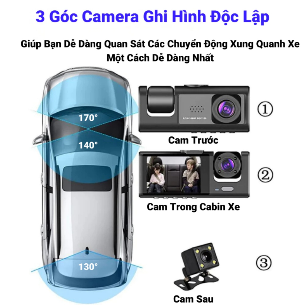 Camera hành trình ô tô đầy đủ GPS và Wifi xem trực tiếp, Camera ô tô với 3 camera ghi lại mọi góc | BigBuy360 - bigbuy360.vn