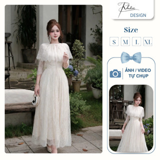 Váy thiết dáng dài sang trọng váy thắt nơ dài tay choàng màu kem Khâu Design thanh lịch K931 