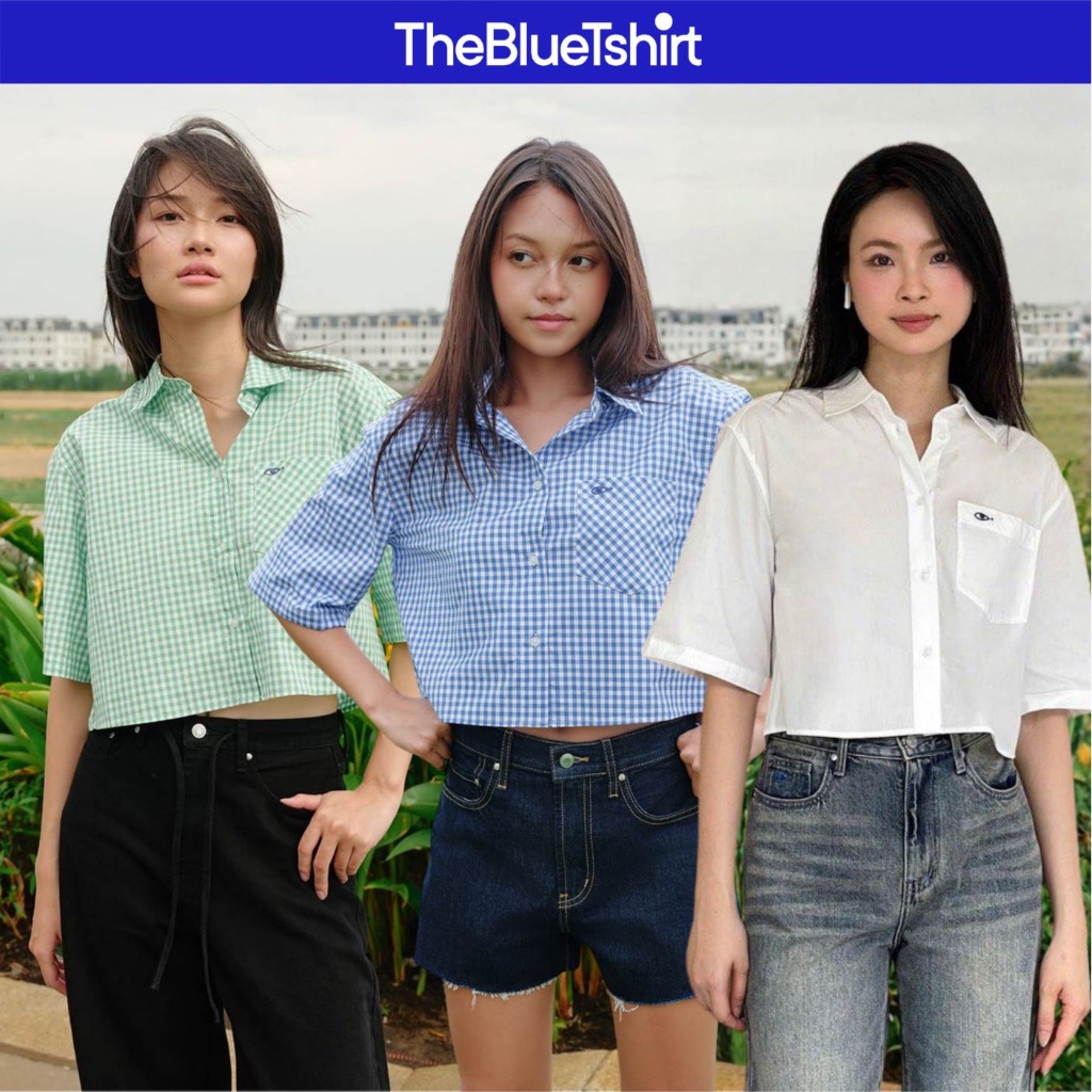 TheBlueTshirt - Áo sơ mi croptop sọc caro tay lỡ phom rộng cho nữ - NewYork Shirt - Women