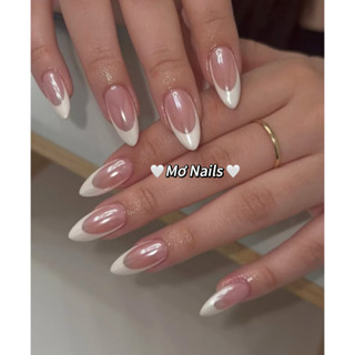   Tặng hộp,keo  Nail Box Thiết Kế Móng Úp Mong Giả Tráng Gương Fench Trắng Sang Chảnh M06 