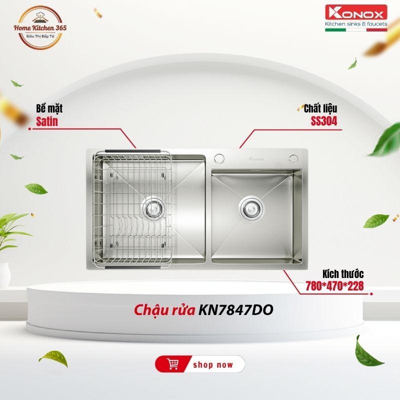 Chậu Rửa Bát Konox KN7847DO – Inox 304 Dày Cao Cấp 2 Hộc Có Bàn Lắp Đá Topmount