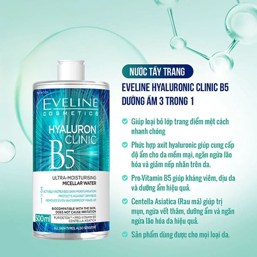 Ảnh 5 của Nước tẩy trang Eveline Hyaluronic Clinic B5 dưỡng ẩm, làm sạch sâu, dịu nhẹ da, dành cho mọi loại da