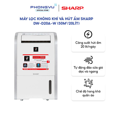 Máy hút ẩm Sharp DW-D20A-W (50m²/20lít) 270W - Hút ẩm 20L/ngày, Phù hợp ~50m², Sấy khô quần áo - Bảo hành 12 tháng
