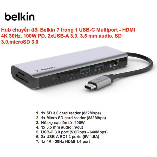[Chính hãng Belkin] Hub chuyển đổi Belkin 7 trong 1 USB-C Multiport