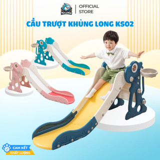 Cầu Trượt Khủng Long KS02, Cầu Trượt Gấp Gọn Cho Bé Họa Tiết Hoạt Hình Ngộ Nghĩnh Kèm Bộ Ném Vòng+ Bóng Rổ