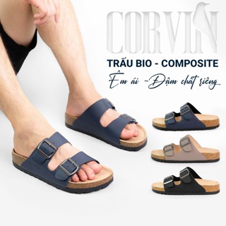  Dép da nam đế trấu CORVIN dép quai ngang quai chéo da Microfiber đệm cao su công thái học ôm chân êm ái chống nước 