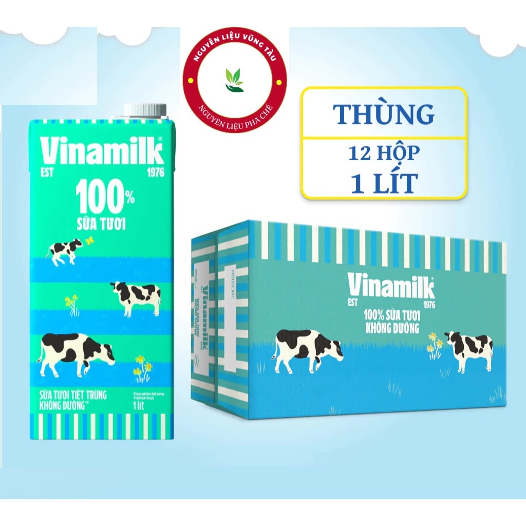 Thùng 12 hộp Sữa tươi tiệt trùng Vinamilk 100% Không đường, hộp giấy 1 lít