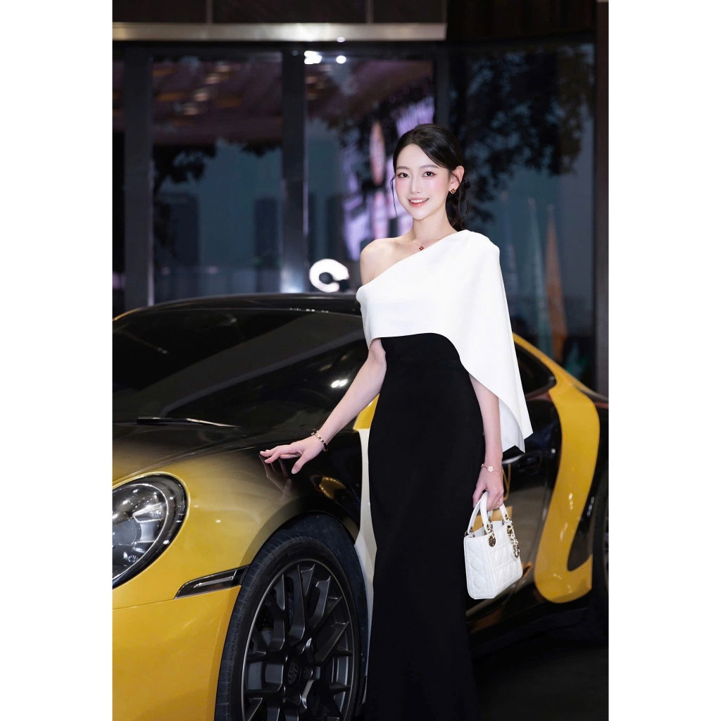 Y69 Đầm Dự Tiệc Lệch Vai Dáng Dài Đuôi Cá Phối Tông Trắng Đen Đi  Cưới Đi Sự Kiện - Akara Closet