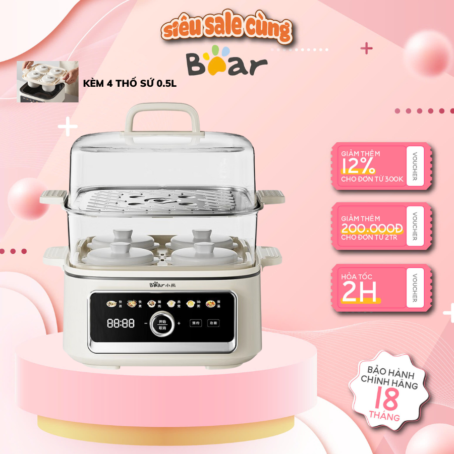Nồi lẩu điện hấp đa năng 2 tầng Bear DZG-R45Y1 17L, Nấu lẩu, hẹn giờ, hấp bánh bao, BH 18 tháng