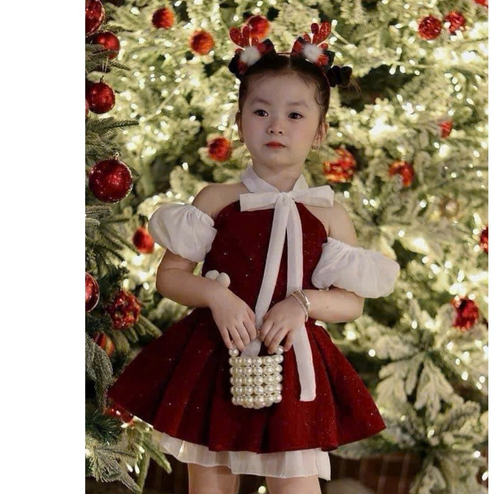 Váy bé gái váy TẾT  cổ yếm chất nhung kim tuyến tay bồng hở vai đính hoa cho bé mặc Noel mặc Tết 8-3