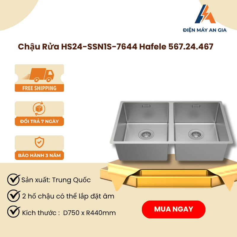 Chậu rửa bát Hafele HS24-SSN2S-750 567.24.427 – Inox 2 hố, độ sâu 200mm, độ dày 1.0mm - PEB