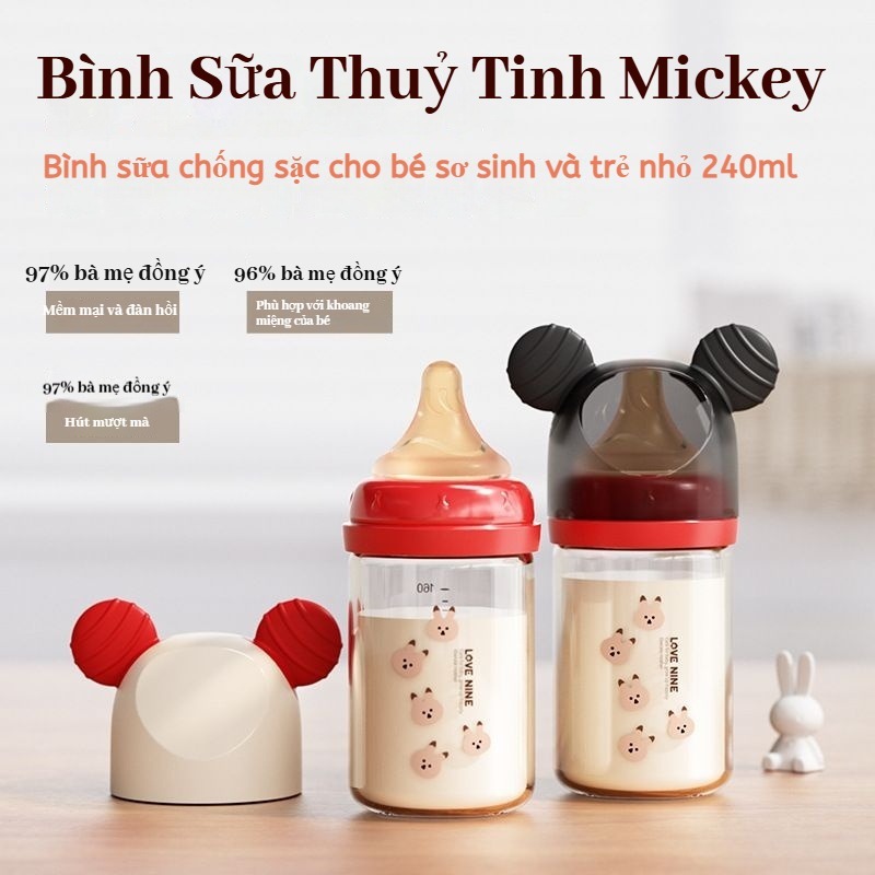 Bình Sữa Thuỷ Tinh Mickey |Bình sữa chống sặc cho bé sơ sinh và trẻ nhỏ 160ml