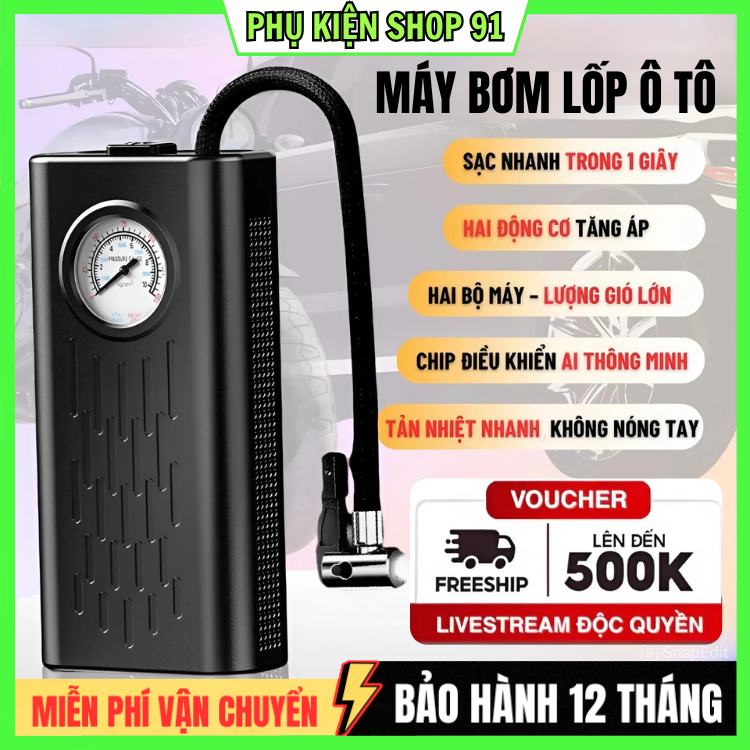 Máy bơm hơi cầm tay mini sạc điện đa năng , theo dõi áp suất lốp. Bơm lốp, bơm hơi ô tô