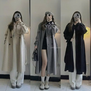   Hàng Shop : Áo Khoác Măng Tô Dạ Ép Dáng Dài Tay Bo Buộc Đai Trơn 4 Màu Phong Cách Sang Chảnh Cho Nữ- Ảnh Lollaye 