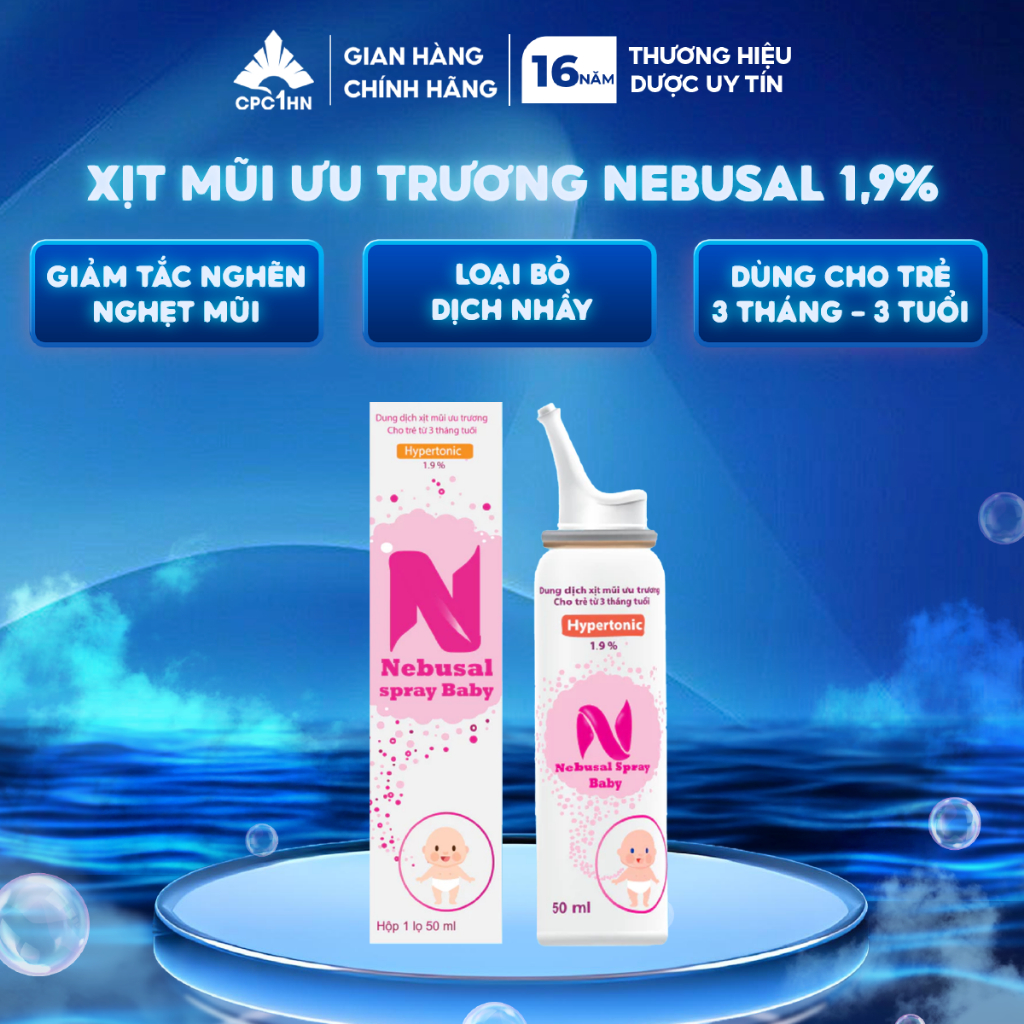 Chai xịt mũi ưu trương cho bé 3 tháng tuổi NEBUSAL SPRAY BABY 1,9% CPC1HN 50ml