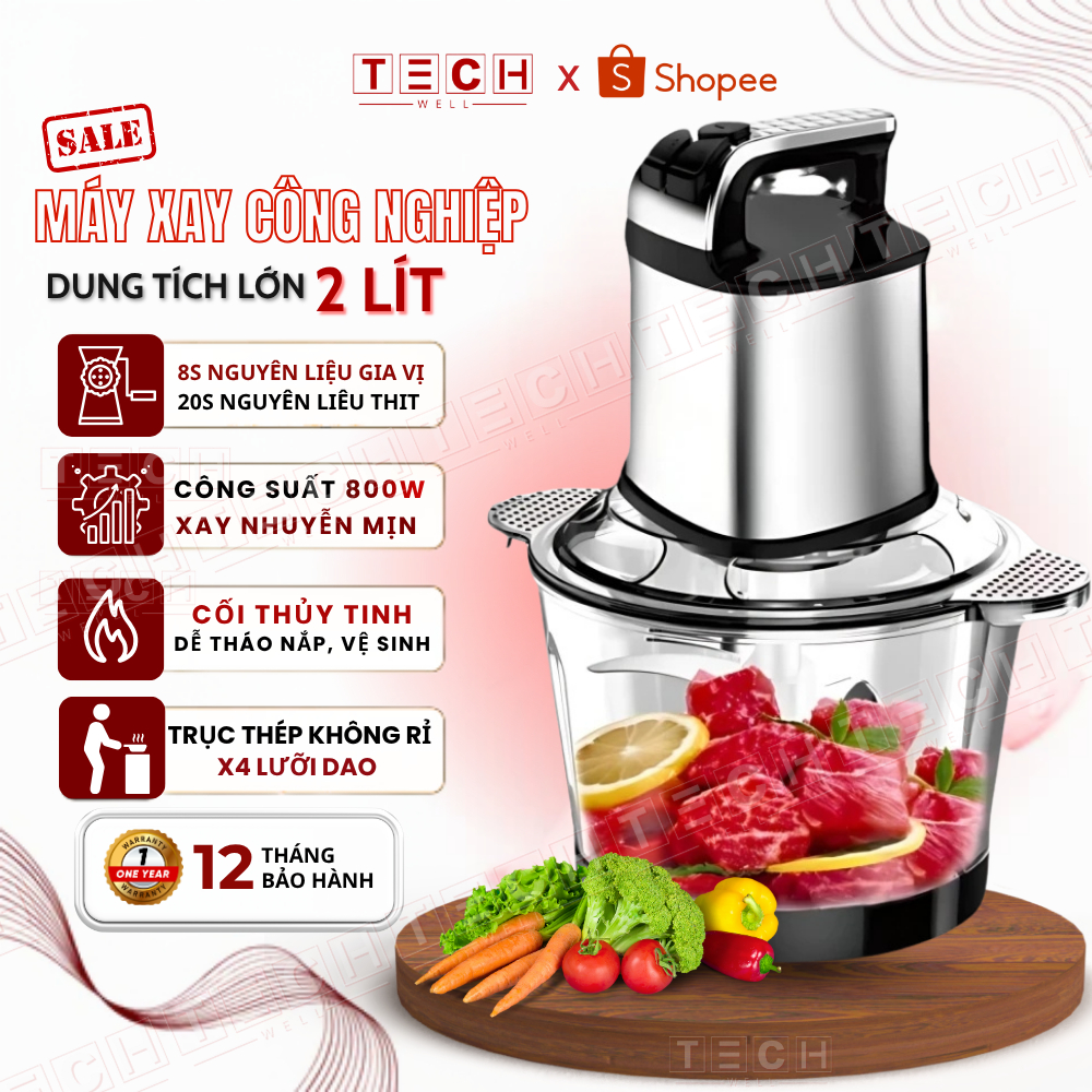 [THẺ TRÚNG THƯỞNG] Máy Xay Thịt Đa Năng, Cối Xay Thực Phẩm Thủy Tinh Dung Tích Lớn 2 Lít Công Suất Lớn 4 Lưỡi Dao Bén