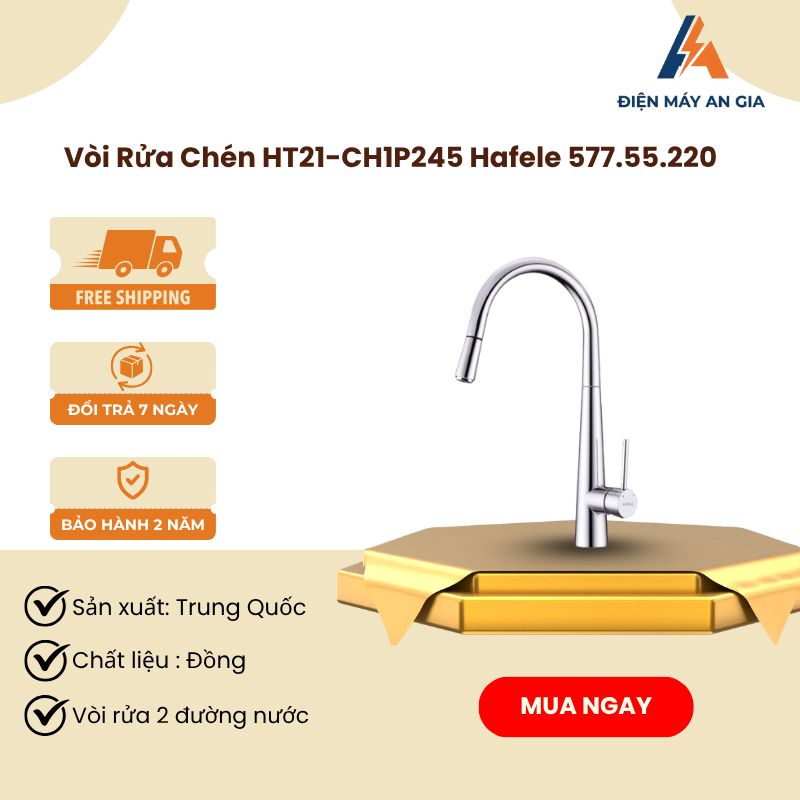 Vòi rửa chén Hafele HT21-CH1P245 577.55.220 – Vòi nóng/lạnh, chất liệu đồng, mạ Chrome - PEB