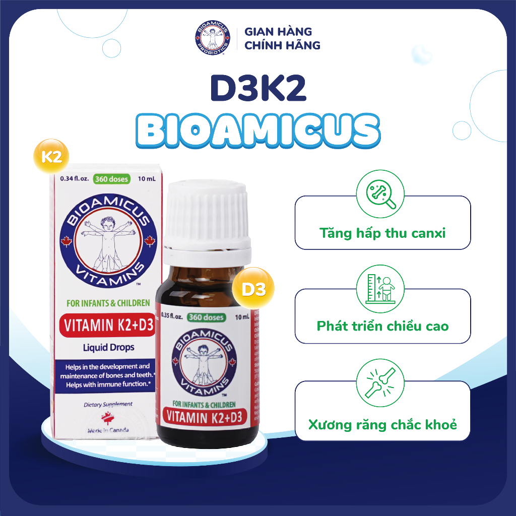 BioAmicus Vitamin K2&D3 hỗ trợ phát triển xương răng của trẻ - D3K2 Cho Bé