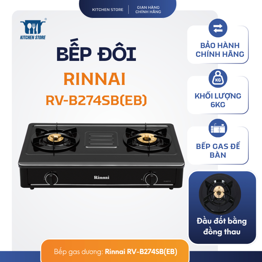 Bếp gas đôi để bàn Rinnai RV B274SB EB mặt bếp phủ men chống dính, ngọn lửa mạnh, Kitchen Store chín