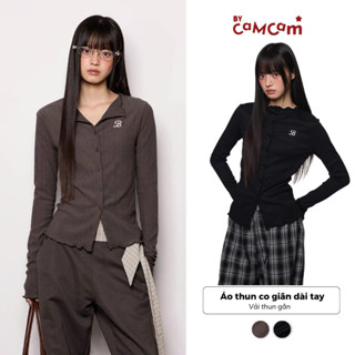  Áo Thun Dài Tay Co Giãn Bycamcam Phối Xoăn Bèo Trendy Nữ Tính Basic Thu Đông Phong Cách Retro AKD317 