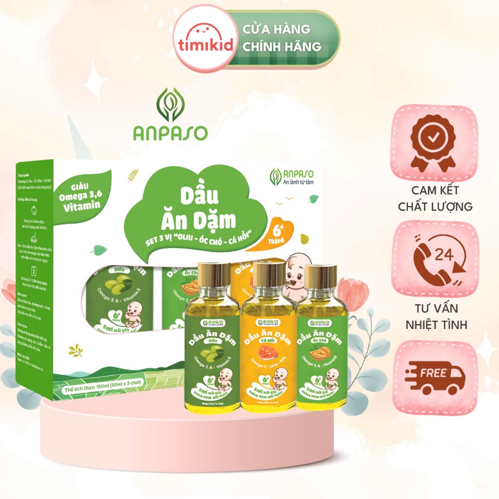 Set 3 dầu ăn dặm Anpaso cho bé 150ml (Oliu 50ml, óc chó 50ml, cá hồi 50ml)
