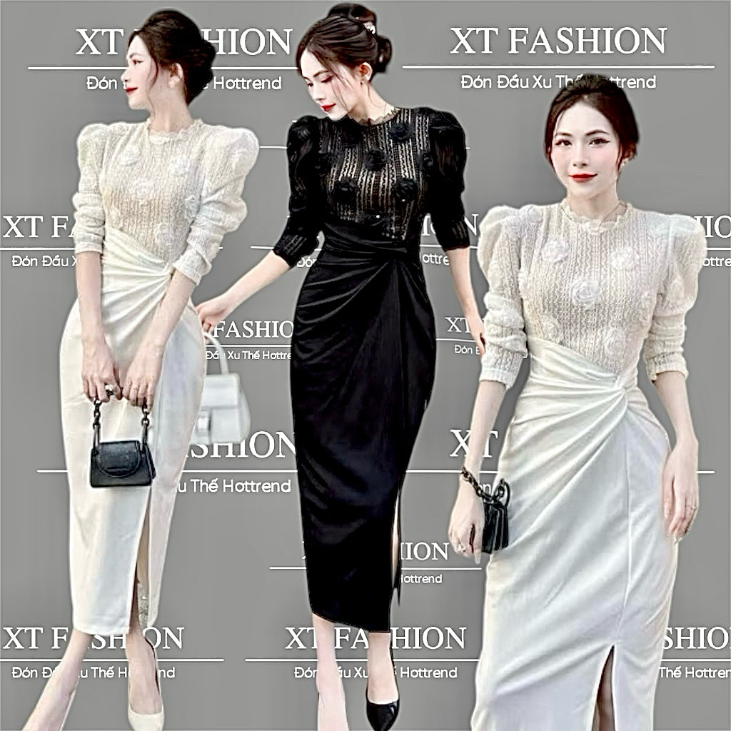 [MẪU MỚI VỀ] Váy Body Ren Dáng Dài Xẻ Tà Thiết Kế Sang Chảnh,Đầm Body Dự Tiệc Nhún Eo Tay Dài Phối R