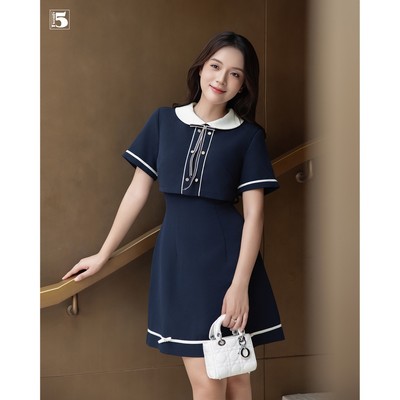 Đầm nữ Twentyfive ngắn tay cổ sam, phối đường viền trắng,2 hàng cúc, thân ngắn giả set DM58