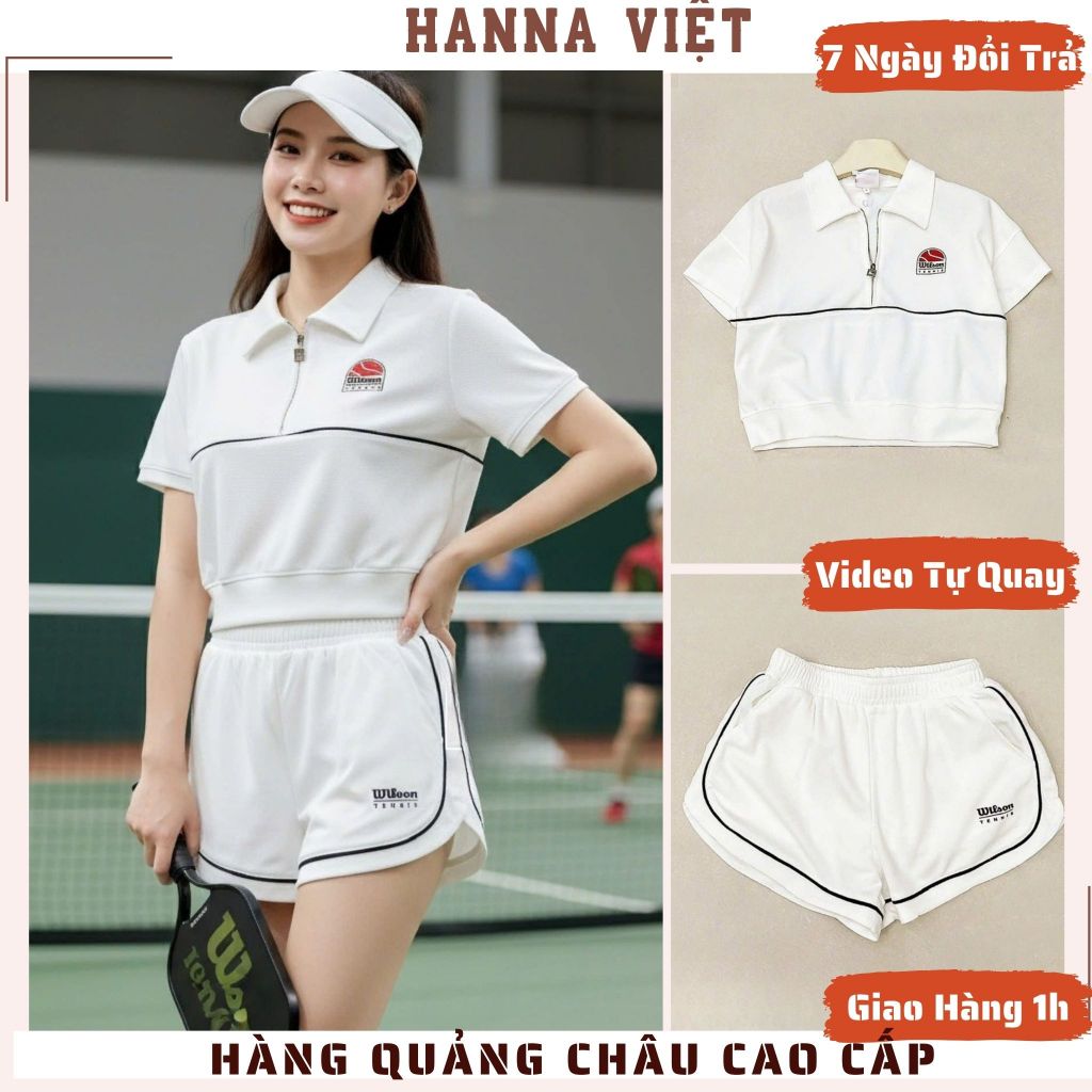 Đồ Thể Thao Nữ, Đồ Pickleball Nữ, Set Wilson Trắng Logo Gồm Áo Polo Cổ Khóa Phối Quần Short H3 Ms450