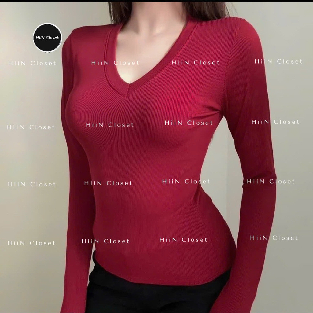 Áo thun nữ dài tay cổ Tim ôm body - Áo thun thu đông chất tăm lạnh SHEES M1022 | BigBuy360 - bigbuy360.vn