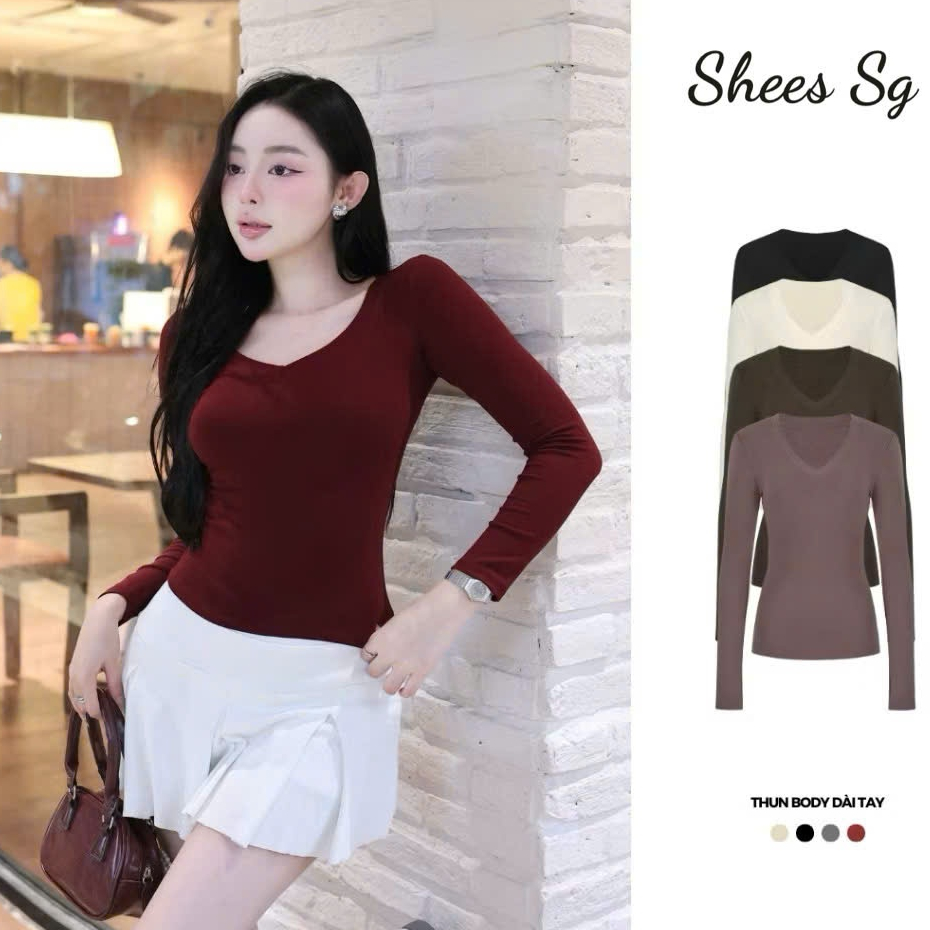 Áo thun nữ dài tay cổ Tim ôm body - Áo thun thu đông chất tăm lạnh SHEES M1022 | BigBuy360 - bigbuy360.vn
