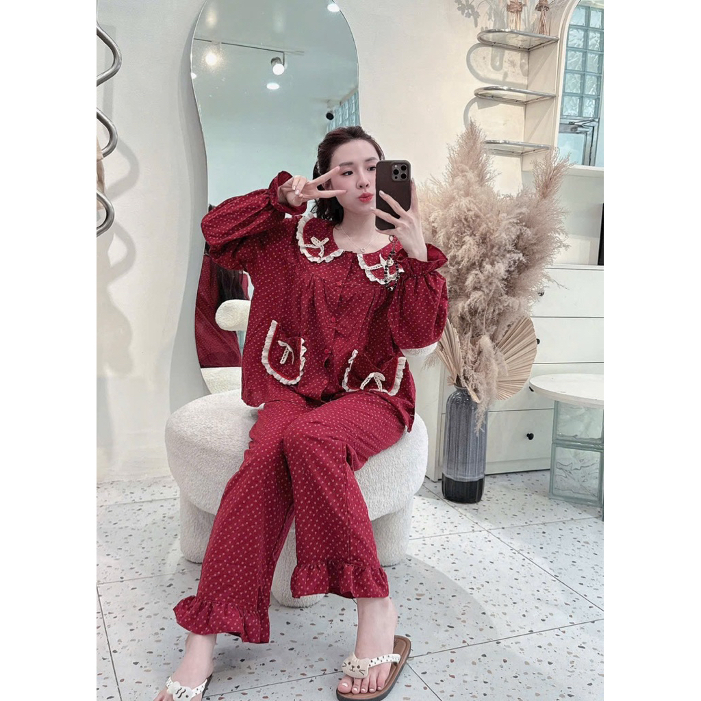 Đồ Bộ Nhà Sam, Set Pijama Dài Tay Cổ Sen Đính Nơ Ren Bèo Hoạ Tiết Hoa Nhí Dễ Thương