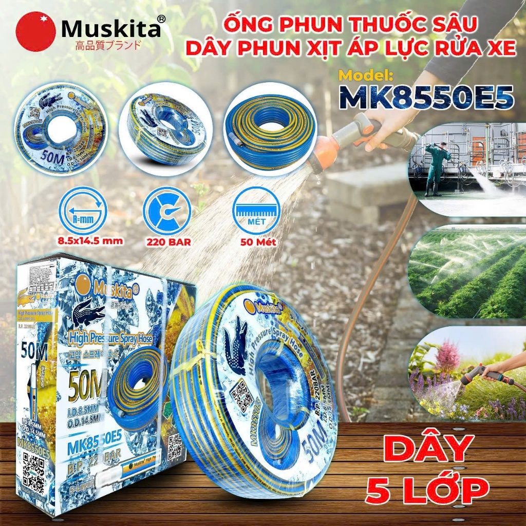Muskita - Dây Xịt Thuốc Sâu 8.5MM, Cuộn 50M, 3-5 lớp, 220bar, Ren 14mm, Xịt Rửa Xe, Chịu Áp Lực Cao,