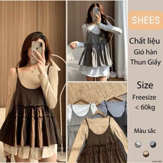  Set Yếm 2 Dây Gió Hàn Bèo Tầng Kèm Áo Thun Giấy S820 SHEES SG Thời Trang Nữ Có Bigsize  Có tách lẻ  
