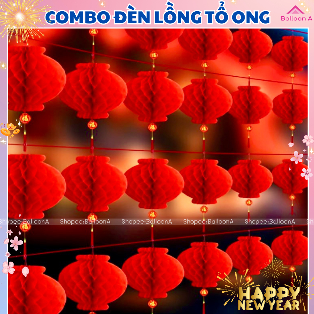 Đèn lồng đỏ tổ ong mini nilong treo trang trí lễ Tết, Tết nguyên đán, rằm Trung thu