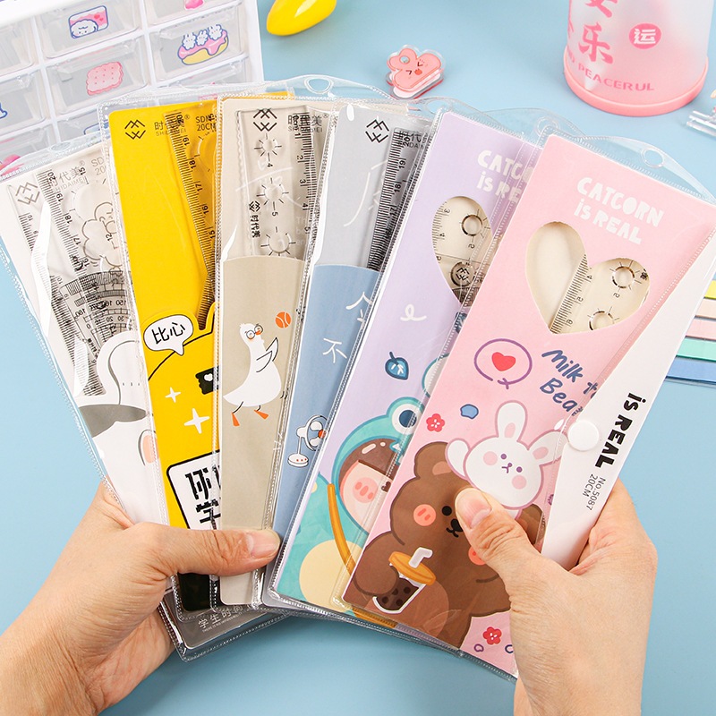 Bộ Thước Kẻ 4 Món Học Sinh (Thước Thẳng 20cm, Đo Độ, Eke) - Thước Dẻo, Thước Cứng Cute TZ001