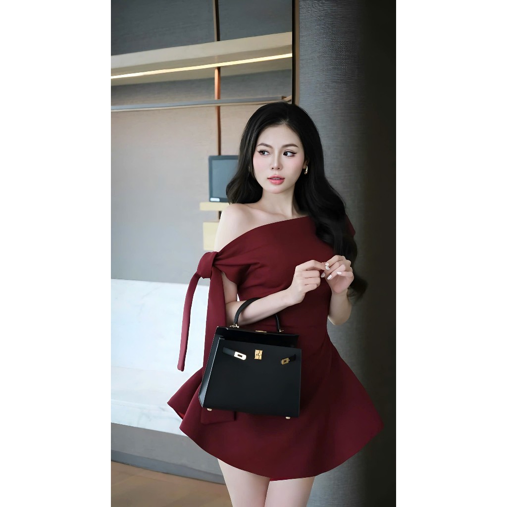 Váy Lệch Vai Thắt Nơ Màu Đỏ Đô Chất Liệu Kaki Hàn Dáng Xòe Kèm Quần Mặc Trong | BigBuy360 - bigbuy360.vn