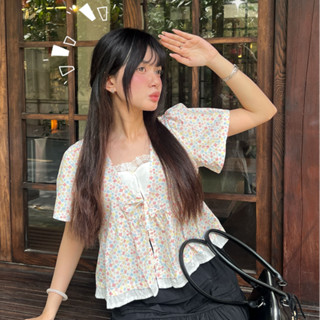   Hỏa tốc  Áo baby doll hoa nhí cổ tim phối ren – áo kiểu nữ Hàn Quốc dễ thương 