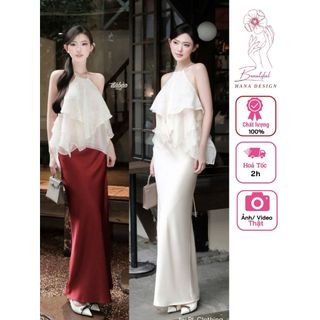    Sẵn - Hỏa Tốc   Set Áo Cổ Yếm Họa Tiết Bèo Tầng Chân Váy Lụa Dáng Dài Hở Lưng 2 Màu 