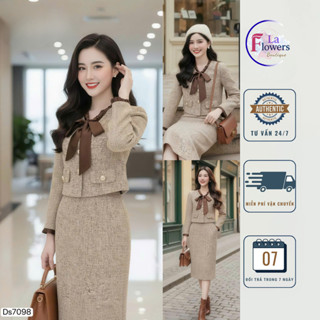  Set áo vest tweed chân váy bút chì cao cấp – Đầm công sở sang trọng phối nơ cổ DS7098 
