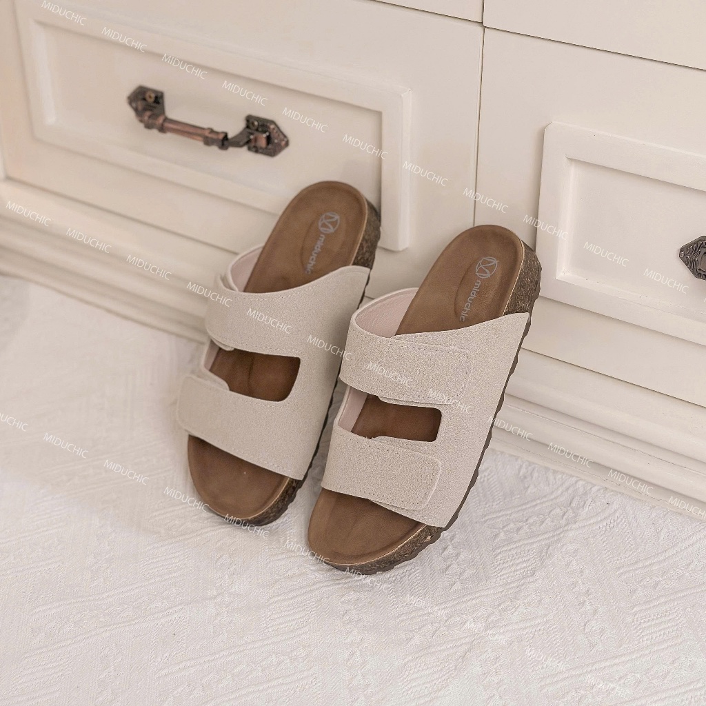 Dép Nữ MIDU LUVIA Hai Quai Da Lộn Dán - Đế Trấu Êm Chân 3 Màu 3 Phân